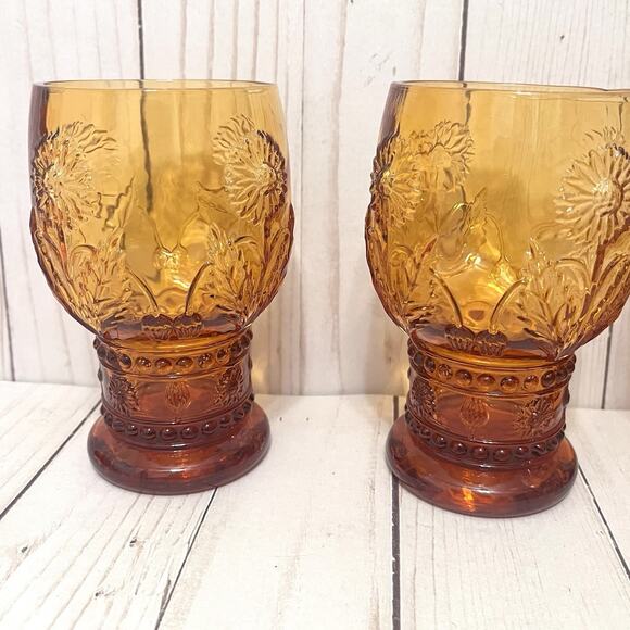 Anthropologie Rare & Retired HELIANTHUS Amber Water Daisy Pedestal Goblets Set 4 - Picture 2 of 10
